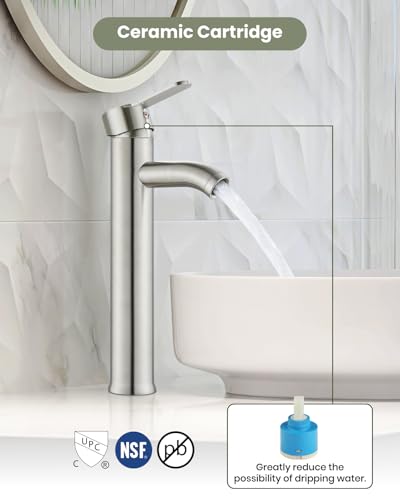 gotonovo Bathroom Vessel Sink Faucet Metal Pop Up Drain, Brushed Nickel | Tall Bathroom Faucet 1 Hole Single Handle Modern Round Body, cUPC Water Supply Hoses, for Basin Vanity Lavatory Restroom Rv - color: Nickel