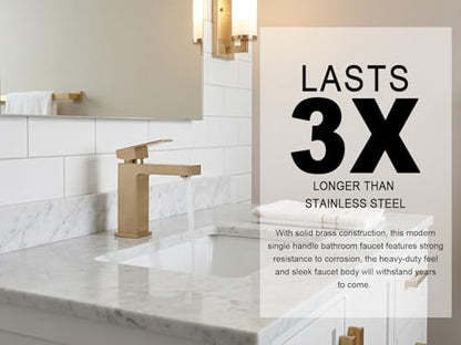 Champagne Gold Single Hole Bathroom Faucets, BF307-CB | Brushed Gold Bathroom Sink Faucet Single Handle Vanity Faucet with Drain Assembly, Deck Plate Included - color: Champagne Gold