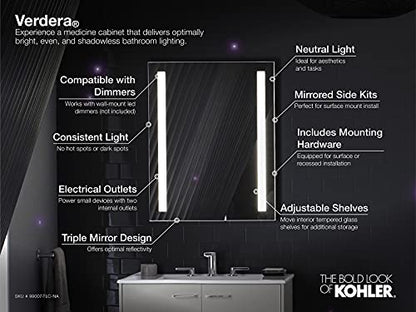 Kohler 99007-NA Verdera® Recessed or Surface Mount Bathroom Medicine Cabinet with Mirror, Bathroom Wall Cabinet with Interior Magnifying Mirror, Slow-Close Doors, 24 in. W x 30 in. H - size: 24" W x 30"H, style: Magnifying Mirror + Slow Close