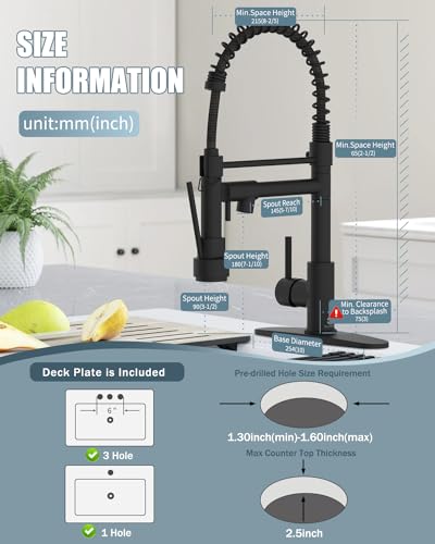 Kitchen Faucet with Soap Dispenser, Single Handle Spring Kitchen Sink Faucets with Pull Down Sprayer and Deck Plate,Black Faucet for Camper Farmhouse RV Kitchen Sink,Dual Function Spray Head - color: A.Matte Black, style: 1.Faucet+Soap Dispenser+Hole Cove