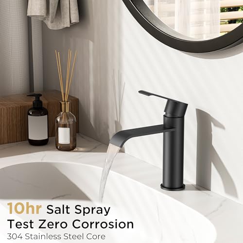 FORIOUS Waterfall Black Bathroom Faucet 1 Hole, one Matte Black Faucet Rv | Single Hole Bathroom Sink Faucet Matte Black, Single Handle Rv Faucet Bathroom for Sink with Deck Plate and Pop-up Drain - color: Matte Black