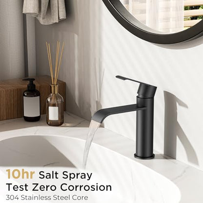 FORIOUS Waterfall Black Bathroom Faucet 1 Hole, one Matte Black Faucet Rv | Single Hole Bathroom Sink Faucet Matte Black, Single Handle Rv Faucet Bathroom for Sink with Deck Plate and Pop-up Drain - color: Matte Black