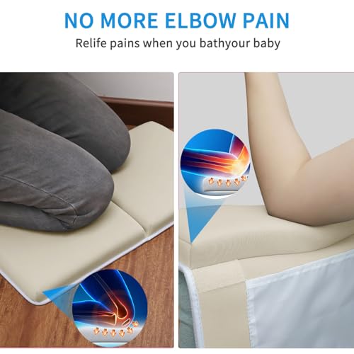 JJGoo Bath Kneeler with Elbow Rest Pad Set, 1.5 inch Kneeling Pad Mat for Bathtub Baby Bathing Parents, Painless Foam Mat with Toy Organizer Pockets, Non-Slip for Baby and Toddler Bathing - color: Apricot