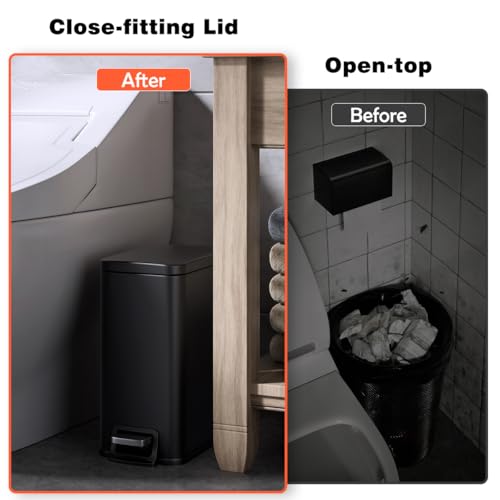 Slim Bathroom Trash Can with Lid Soft Close, 1.6 Gallon Stainless Steel Garbage Can with Removable Inner Bucket, Durable Step Pedal, Small Trash Bins for Toilet, Bedroom, Kitchen, Office - color: Black, size: 1.6 Gallon