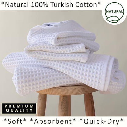 PÜSKÜL Natural 100% Turkish Cotton Waffle Towels Set for Bathroom (4-Piece) | 2-Bath sheet (Extra-large 32x63") and 2-Hand towel (Large 32x16"). Premium honeycomb-waffle weave, oeko-tex made in Turkiye. - color: White