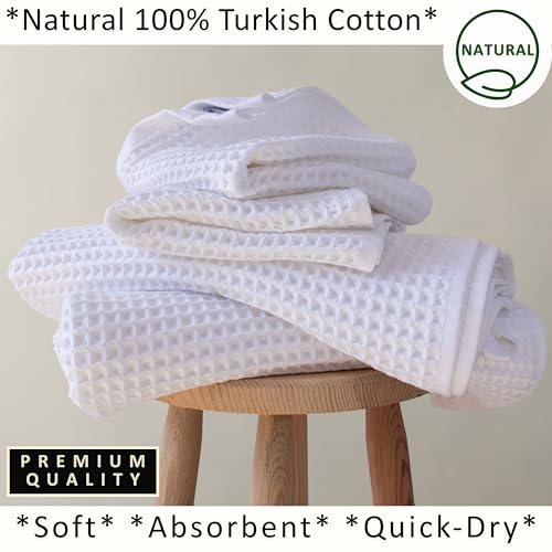 PÜSKÜL Natural 100% Turkish Cotton Waffle Towels Set of 4-Piece, White | 2-Bath sheet (Extra-large 32x63") and 2-Hand towel (Large 32x16"). Premium honeycomb-waffle weave, oeko-tex made in Turkiye. - color: White