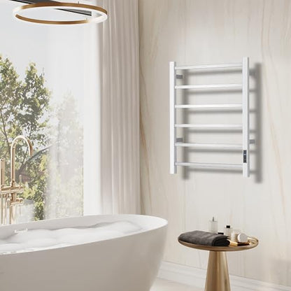 Electric Heated Towel Warmer - Wall Mounted Bathroom Towel Rack, Plug-in Design & Stainless Steel Brushed with Timer & Temperature Control 6 Bar - color: Square Brushed With Timer, size: 6 Bar