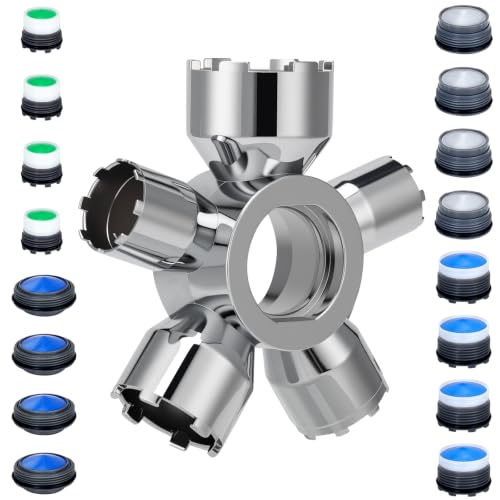 Upgraded Metal 10-in-1 Faucet Aerator Tool Kit,Includes 16 Pack Replacement Faucet Aerators M16.5/M18.5/M21.5/M24 (4 Each Size),Universal Heavy-Duty Removal Key,Must-Have DIY Plumbing Fixes
