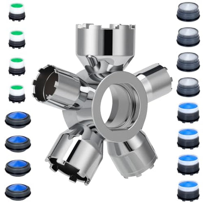Upgraded Metal 10-in-1 Faucet Aerator Tool Kit,Includes 16 Pack Replacement Faucet Aerators M16.5/M18.5/M21.5/M24 (4 Each Size),Universal Heavy-Duty Removal Key,Must-Have DIY Plumbing Fixes