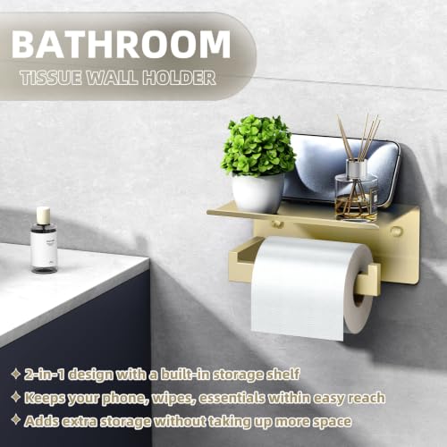 Brushed Gold Toilet Paper Holder with Shelf, 304 Stainless Steel Wall Mount Tissue Roll Holder for Bathroom - color: Brushed Gold, size: Single Rod