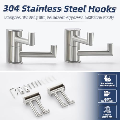 2 Pack Swivel Towel Hooks, Brushed Nickel, 304 Stainless Steel | Dual-Arm Hanging Capacity, 180° Swing-Out Rotation, Fold-Away Storage, Raised End Hooks, Closet, Hallway & Shower Use - color: Brushed Nickel, size: 2 Pack