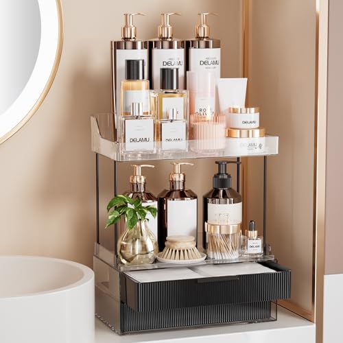 Delamu 4-Tier Makeup Organizer, Bathroom Counter Storage, 2 Drawers,Black | Elegant Vanity Organizer Gift for Women, Holds Perfume, Skincare, Nail Polish & Hair Accessories for Bathroom Countertop - color: Black, size: 2 Drawers