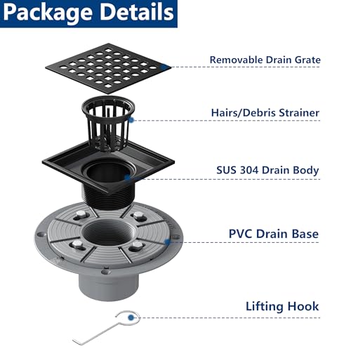 Neodrain 4 Inch Matte Black Square Shower Drain High Flow Floor Drain | Low Profile Drain Cover Removable Stainless Steel 304 Grate with Hair Catcher,Lifting Hook and PVC Drain Base - color: Matte Black, size: 4 In