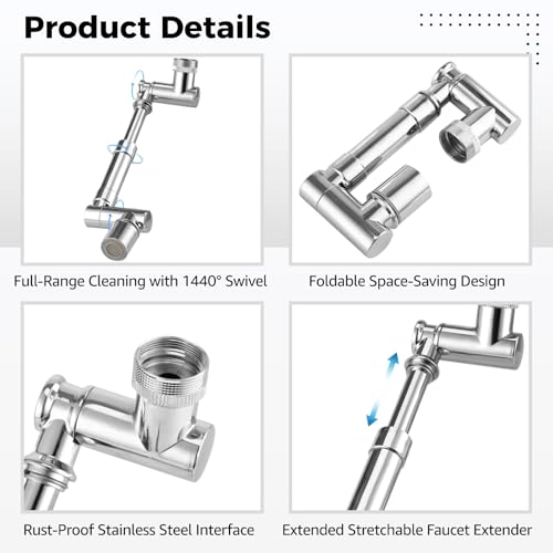 2 Pcs 1440° Swivel Faucet Extenders, Robotic Arm Faucet Aerator with 2 Water Modes, Extendable Kitchen Bathroom Sink Extender, Include Wrench, Tape, and Washer