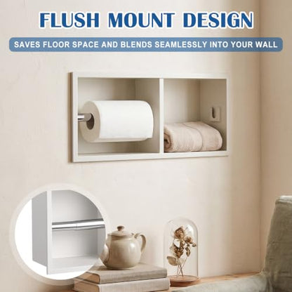 Recessed Dual Roll Toilet Paper Holder 304 Stainless Steel Hidden in-wall with Storage Durable Tissue Roll Holder Heavy Duty Space Saving Design for Modern Bathrooms and Remodel (White) - color: White