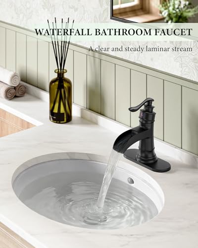 Black Bathroom Faucet Matte Waterfall Sink Farmhouse Vanity Single Hole | Faucets One Handle Basin Antique centerset with Pop Up Drain Stopper Mixer Tap Overflow Supply Line by Homevacious - color: Matte Black