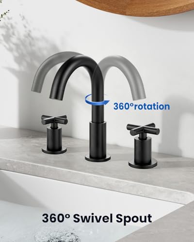gotonovo 8’’ Bathroom Sink Faucet 3 Hole Matte Black,Curved Spout | Widespread Bathroom Faucet,6-16’’ Vanity,Sink,RV,Lavatory,2 Cross Handle,SUS304,360° Swivel Spout,24’’ cUPC Hose,Pop Up Drain