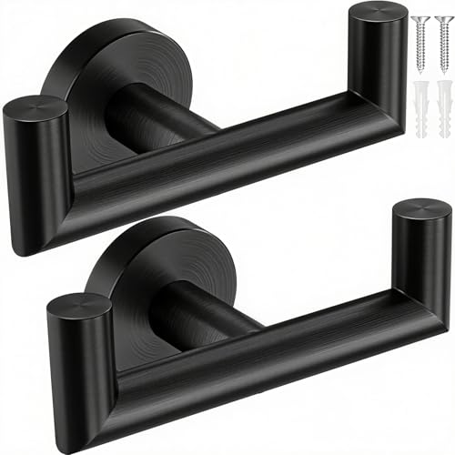 DGYB Towel Hooks for Bathroom 2 Packs Black Wall Mount Towel Holder Stainless Steel Heavy Duty Double Robe Coats Hook for Kitchen, Bedroom, Pool (Drilling) - color: Black