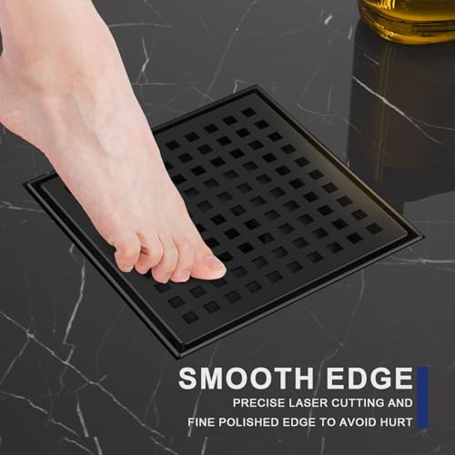 6 Inch Matte Black Square Shower Drain with Removable Grate | AISI 304 Stainless Steel Shower Drain, Shower Floor Drain with Hair Catcher & ABS Flange, Fits Bathroom & Balcony etc - color: Matte Black, size: 6 in