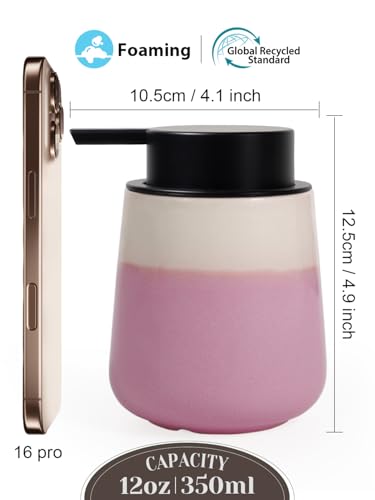 INGOFIN Ceramic Foaming Soap Dispenser - 12oz Foam Hand Soap Dispenser Bathroom, Refillable Modern Dish Dispenser with Pump for Kitchen, Beige and Pink - color: Beige and Pink