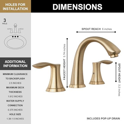 Bathroom Faucet for Sink 3 Hole, Champagne Gold, BF405-CB | 8 inch Widespread Bathroom Faucet 2 Handle Bathroom Sink Faucet for Vanity with Drain Assembly Supply line, Champagne Gold - color: Champagne Gold