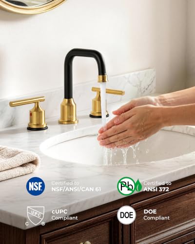WOWOW Black Gold Bathroom Faucet 3 Hole, Widespread Vanity Sink Faucets | Copper Inlet 8 Inich Faucet for Bathroom Sink with Swivel Spout, 2 Handles Lavatory Tap with Drain and cUPC Supply Line - color: Black and Gold, style: Upgrade-8 Inch