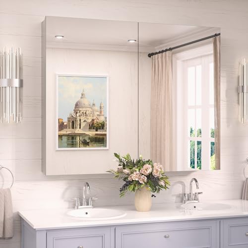 TokeShimi 40x32 Bathroom Medicine Cabinet with Mirror Silver, Aluminum Tempered Mirrored Medicine Cabinet Recessed or Wall Mounted with Adjustable Storage Metal for Modern Farmhouse - color: Silver, size: 40x32 in