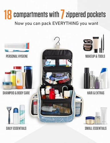 VENTURE 4TH Hanging Travel Toiletry Bag, 17 Compartments - Blue Flowers | Hangs on rails, hooks or doors; stands upright too. Removable TSA pouch. Water-resistant 900D Nylon, reinforced stitching. - color: Blue Flowers