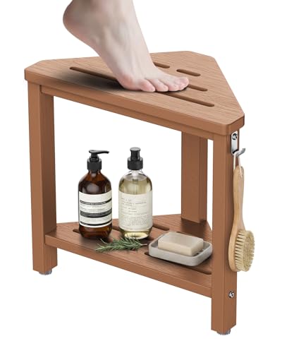 15" Shower Foot Rest with Side Hook, HDPE Waterproof Corner Shower Stool for Inside Shower, Anti-Slip Shower Seat for Shaving Legs, Space Saving Shower Bench for Small Bathroom, Teak - color: Teak