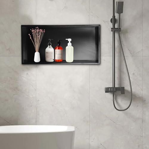 Waterproof Shower Niche Insert Wall Stainless Steel 24" X 12" No Tile Needed Recessed Shower Wall Surrounds Shelf for Bathroom Bedroom Storage Kitchen, Black
