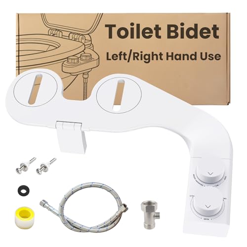 Toilet Bidet With Left/Right Side Reversible Design, Fresh Water, Non-Electric, Toilet Bidet Attachment, Right/Left Hand Side with Dual Nozzle, Self-Clean, Includes Extended Screws - color: White Knob with Longer Screws