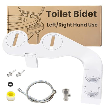 Toilet Bidet With Left/Right Side Reversible Design, Fresh Water, Non-Electric, Toilet Bidet Attachment, Right/Left Hand Side with Dual Nozzle, Self-Clean, Includes Extended Screws - color: White Knob with Longer Screws