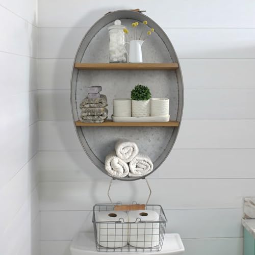 Oakrain Towel Rack with Wood Wall Shelves, Farmhouse Galvanized Wash Tub | Rustic Towel Holder, Decorative Hanging Shelf for Bathroom, Lavatory, Entryway - size: O-Oval