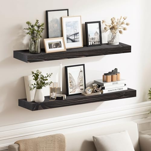 Solid Wood Floating Shelves, 24 Inch Wall Shelves, Set of 2, Black | 8 Inch Deep, 1.6 Inch Thick, Extra-Wide Display Space, Mounting Hardware Included, For Kitchen, Bathroom and Living Room - color: Black, size: 24x8x1.6