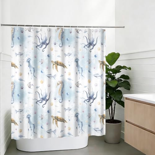 Yeele Ocean Creatures Watercolor Shower Curtain, Turtle Octopus Blue Print Shower Curtain, Waterproof Machine Washable Fabric Bath Curtain 60x72 Inch with Grommets and Hooks - color: Blue 1, size: 60"Wx72"L