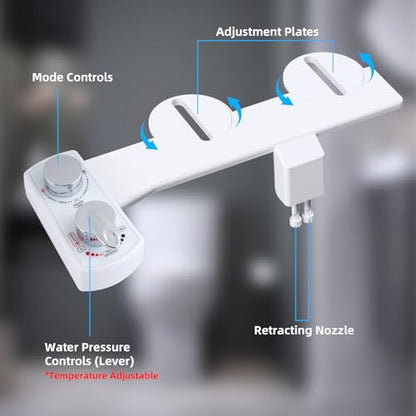 Hibbent Bidet Attachment for Toilet, Hot and Cold Water Spray Non-Electric Dual Nozzle for Frontal & Rear Wash, Adjustable Water Pressure Control, Self Cleaning Water Sprayer, White - color: White