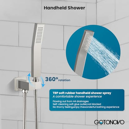 gotonovo Rainfall Bathroom Shower System Rain Shower Head and Handle Set Wall Mounted Shower Complete Combo Solid Brass Pressure Balancing Shower Mixer Valve 12 Inch Brushed Nickel - color: Brushed Nickel, size: 12 Inch