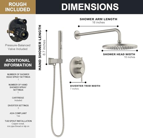 Lava Odoro Modern Rain Shower System Faucet Set, SF104-BN | 2-Setting Round Shower Valve Trim Kit, Brushed Nickel Shower Head Set with Sprayer, 10 Inch, Rough-in Valve Included - color: Brushed Nickel, style: Without Tub Spout