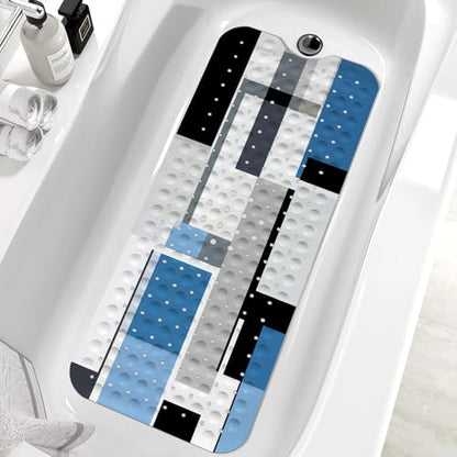Blue Black Bath Tub Mat Non Slip, Modern Geometric Large Washable Shower Mats with Drain Holes and Suction Cups,40 X 16 Inch - color: Blue Black