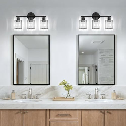3 Light Bathroom Light Fixtures, Modern Crystal Vanity Lights over Mirror | Metal Frame, Bathroom Light with Square Crystal Shade, ETL Certified, E26 Ceramic Socket, Bulbs Not Included - color: Black, size: 3-Light