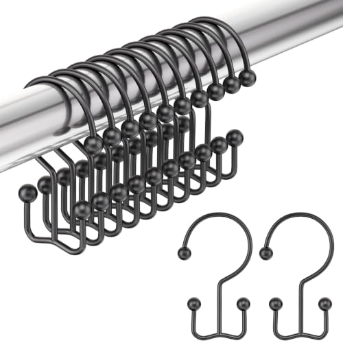 Shower Curtain Hooks Black Double Shower Curtain Hooks, Shower Curtain Rings Sturdy Stainless Steel Shower Hooks for Bathroom Shower Curtain Rod, 12Pcs Shower Curtain Hangers - color: Black, style: Double Hooks-2