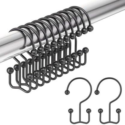 Shower Curtain Hooks Black Double Shower Curtain Hooks, Shower Curtain Rings Sturdy Stainless Steel Shower Hooks for Bathroom Shower Curtain Rod, 12Pcs Shower Curtain Hangers - color: Black, style: Double Hooks-2