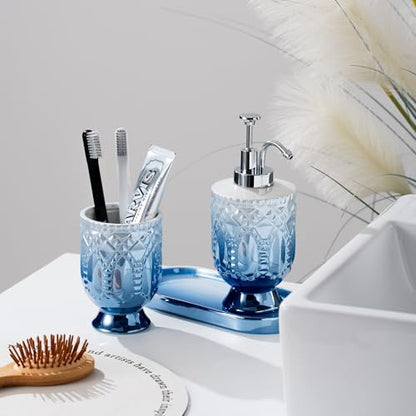 Ceramic Bathroom Accessories Set, 3pcs Blue Bathroom Soap Dispenser Sets with Lotion Dispenser, Toothbrush Holder, Soap Dish - Complete 3 Pieces Set Bathroom Accessories