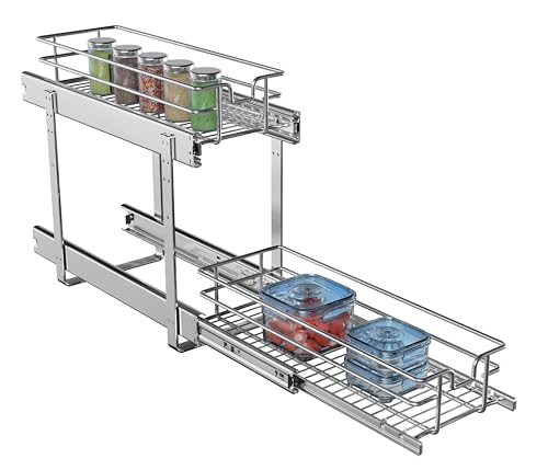 2-Tier Cabinet Pull Out Shelves, 9" W x 22" D | Heavy-Gauge Wire Sliding Shelves, 100 lbs Limit, Ball-Bearing Glides, 3 Heights, Min 9" Opening, For Spices & Under Sink - size: 9 x 22 Inch