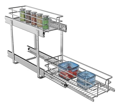 2-Tier Cabinet Pull Out Shelves, 9" W x 22" D | Heavy-Gauge Wire Sliding Shelves, 100 lbs Limit, Ball-Bearing Glides, 3 Heights, Min 9" Opening, For Spices & Under Sink - size: 9 x 22 Inch