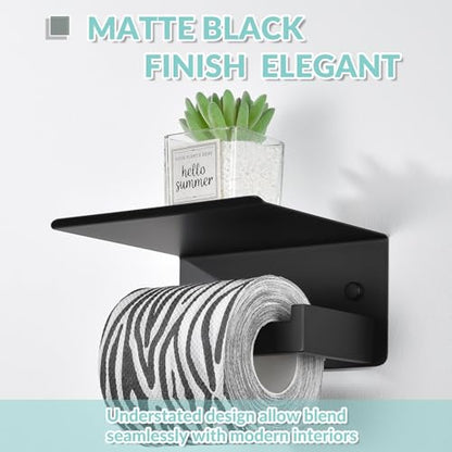Matte Black Toilet Paper Holder with Shelf, Left Side, Wall Mounted | Robust 304 Stainless Steel, Modern Tissue Holder Fits for Bathroom, Restroom, Vanity, Kitchen, Paper Roll & Phone Storage - color: Matte Black