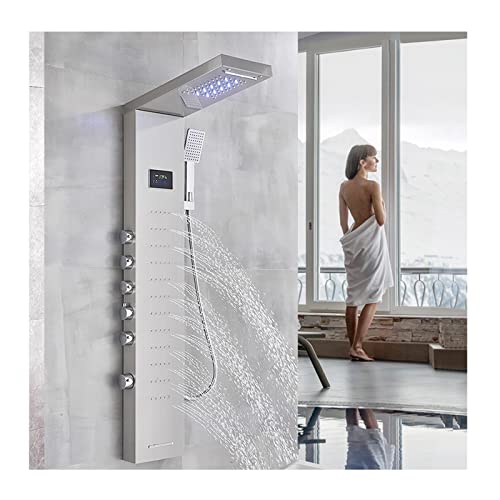 Split Shower Panel Tower System, Stainless Steel 5 in 1 Shower Column with LED Rainfall Waterfall Shower Head, Water Temperature Display and Body Jets,Brushed - color: Brushed