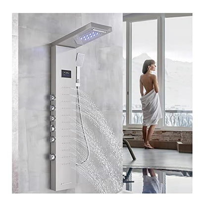Split Shower Panel Tower System, Stainless Steel 5 in 1 Shower Column with LED Rainfall Waterfall Shower Head, Water Temperature Display and Body Jets,Brushed - color: Brushed
