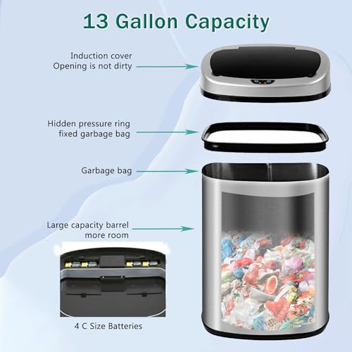 PayLessHere Kitchen Trash Can Automatic Trash Can with Lid 50 Liter 13 Gallon Touch Free High-Capacity Brushed Stainless Steel Waste Bin for Bathroom Bedroom Home Office (Stainless Steel) - color: Stainless Steel