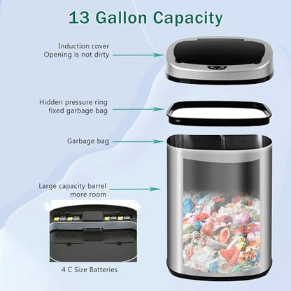 PayLessHere Kitchen Trash Can Automatic Trash Can with Lid 50 Liter 13 Gallon Touch Free High-Capacity Brushed Stainless Steel Waste Bin for Bathroom Bedroom Home Office (Stainless Steel) - color: Stainless Steel